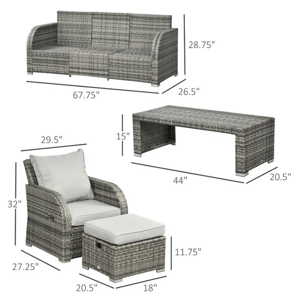 Outsunny 7-Seater Patio Furniture Set, Rattan Garden Set with Coffee Table, Footstool and Reclining Chairs, Light Grey Aosom UK