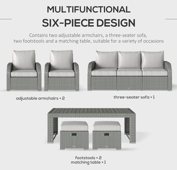 Outsunny 7-Seater Patio Furniture Set, Rattan Garden Set with Coffee Table, Footstool and Reclining Chairs, Light Grey Aosom UK