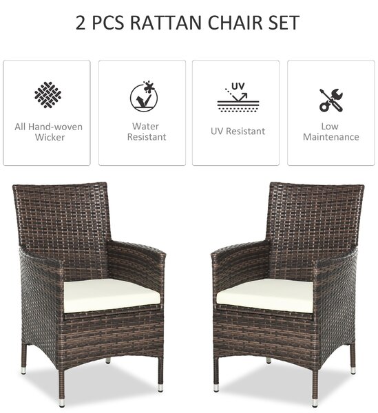 Outsunny 2-Seater Rattan Dining Chairs, w/ Cushions & Armrests for Patio, Mixed Brown Aosom UK