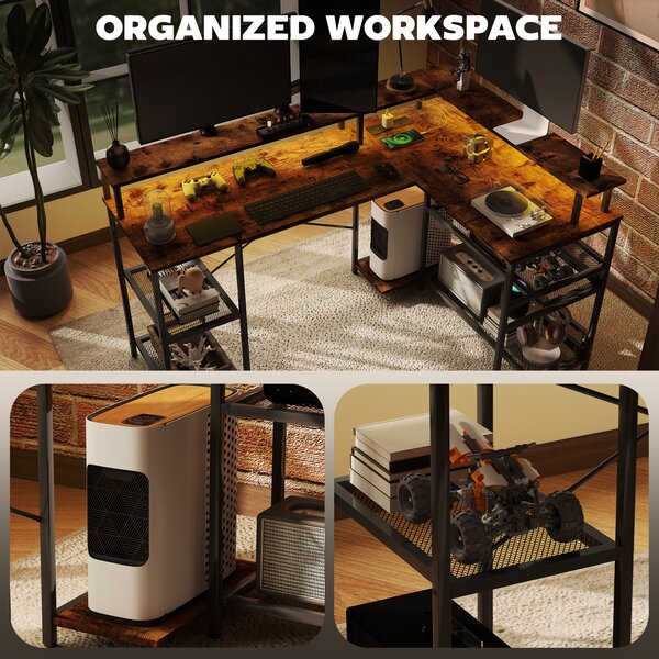 HOMCOM L Shaped Gaming Desk with LED Lights and Power Outlets, 150cm Corner Computer Desk with Monitor Stand and Storage Shelves, Rustic Brown