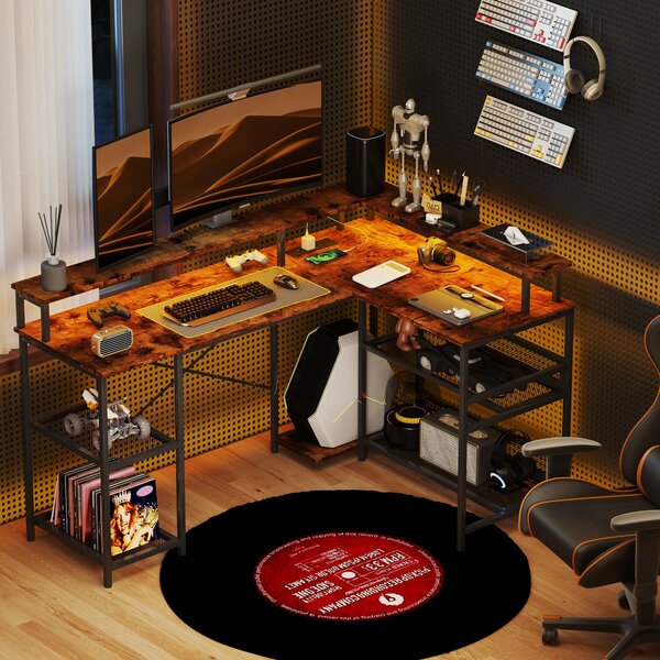 HOMCOM L Shaped Gaming Desk with LED Lights and Power Outlets, 150cm Corner Computer Desk with Monitor Stand and Storage Shelves, Rustic Brown
