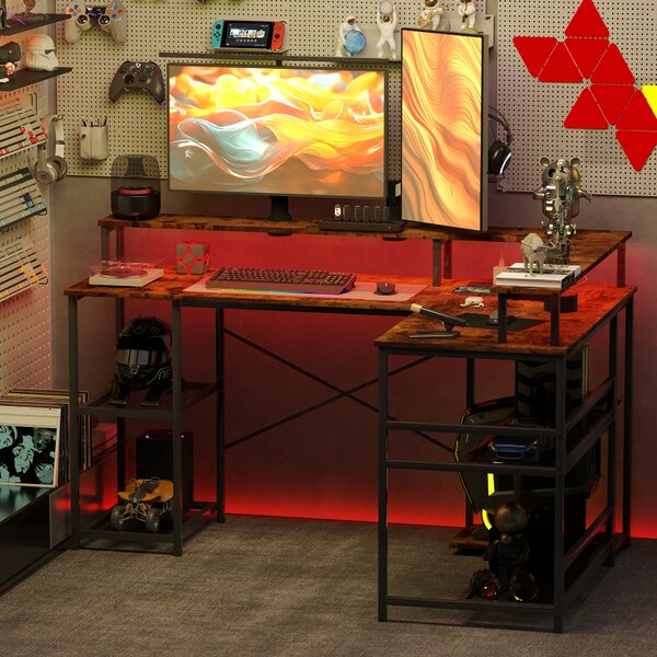 HOMCOM L Shaped Gaming Desk with LED Lights and Power Outlets, 150cm Corner Computer Desk with Monitor Stand and Storage Shelves, Rustic Brown