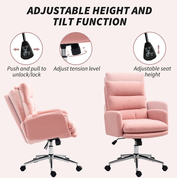 HOMCOM Recliner Office Chair, Cozy Swivel Desk Chair with Adjustable Height, Tilt Function and Wheels for Home & Study, Pink Aosom UK