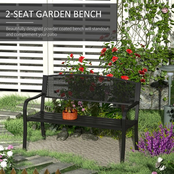 Outsunny 2 Seater Metal Garden Bench Garden Park Porch Chair Outdoor Patio Loveseat Seat Mesh Net Backrest Black