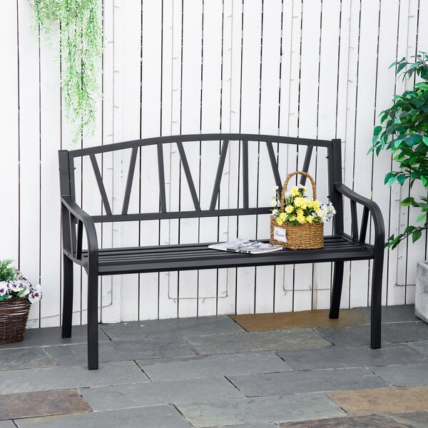 Outsunny 2 Seater Metal Garden Bench, Outdoor Patio Loveseat Chair with Decorative Backrest, Armrests, Weather Resistant Steel, Black Aosom UK