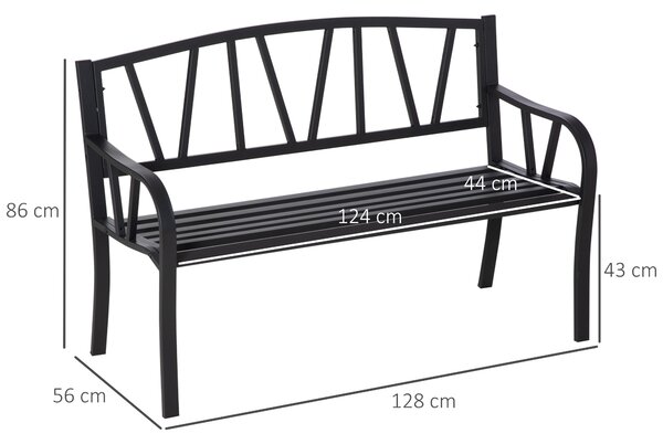 Outsunny 2 Seater Metal Garden Bench, Outdoor Patio Loveseat Chair with Decorative Backrest, Armrests, Weather Resistant Steel, Black Aosom UK