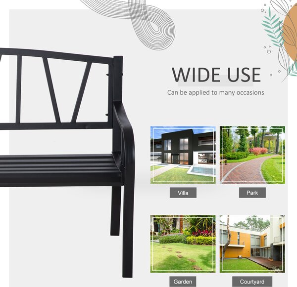 Outsunny 2 Seater Metal Garden Bench, Outdoor Patio Loveseat Chair with Decorative Backrest, Armrests, Weather Resistant Steel, Black Aosom UK