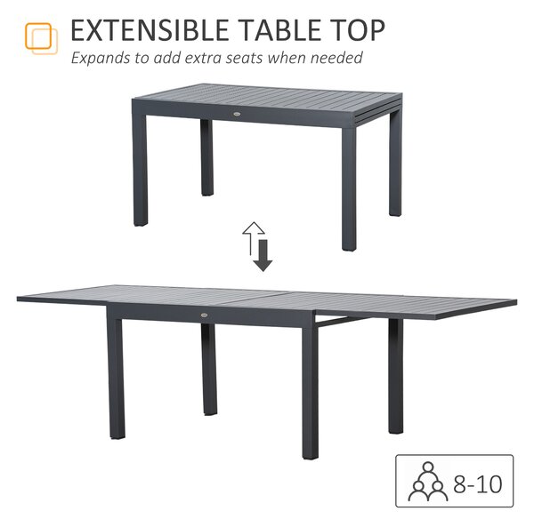 Outsunny Extendable Garden Table, 10 Seater Outdoor Dining Table with Aluminium Frame for Lawn, Balcony and Backyard, Grey