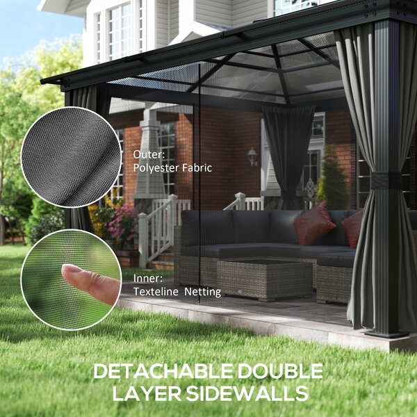 Outsunny 4 x 3.6m Hardtop Gazebo with UV Resistant Polycarbonate Roof & Aluminium Frame, Garden Pavilion with Mosquito Netting and Curtains Aosom UK