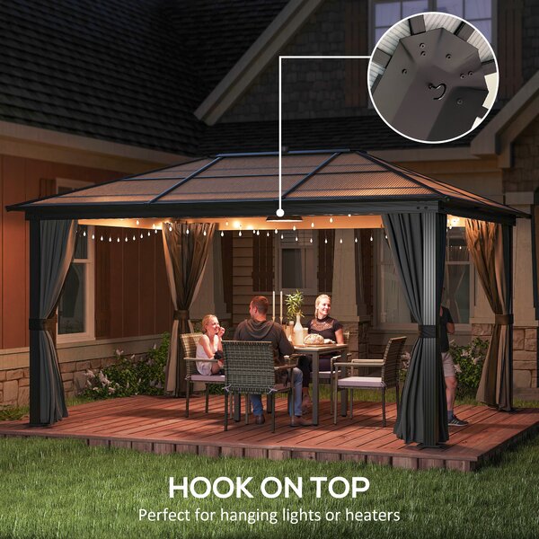 Outsunny 4 x 3.6m Hardtop Gazebo with UV Resistant Polycarbonate Roof & Aluminium Frame, Garden Pavilion with Mosquito Netting and Curtains Aosom UK