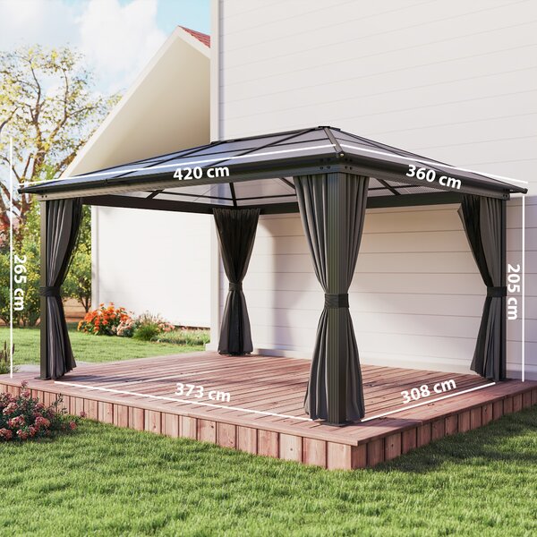 Outsunny 4 x 3.6m Hardtop Gazebo with UV Resistant Polycarbonate Roof & Aluminium Frame, Garden Pavilion with Mosquito Netting and Curtains Aosom UK