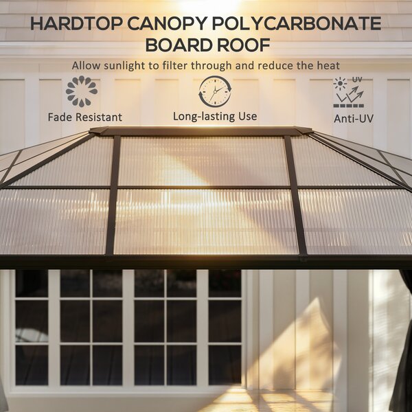 Outsunny 4 x 3.6m Hardtop Gazebo with UV Resistant Polycarbonate Roof & Aluminium Frame, Garden Pavilion with Mosquito Netting and Curtains Aosom UK