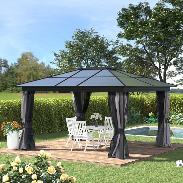 Outsunny 4 x 3.6m Hardtop Gazebo with UV Resistant Polycarbonate Roof & Aluminium Frame, Garden Pavilion with Mosquito Netting and Curtains Aosom UK
