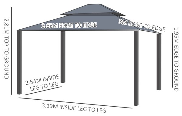 Outsunny 3 x 3.7m Outdoor Hardtop Gazebo Canopy Aluminum Frame with 2-Tier Roof & Mesh Netting Sidewalls for Patio, Dark Grey