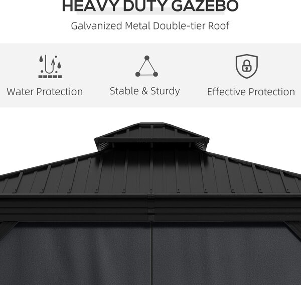 Outsunny 3 x 3.7m Outdoor Hardtop Gazebo Canopy Aluminum Frame with 2-Tier Roof & Mesh Netting Sidewalls for Patio, Dark Grey
