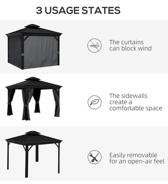 Outsunny 3 x 3.7m Outdoor Hardtop Gazebo Canopy Aluminum Frame with 2-Tier Roof & Mesh Netting Sidewalls for Patio, Dark Grey
