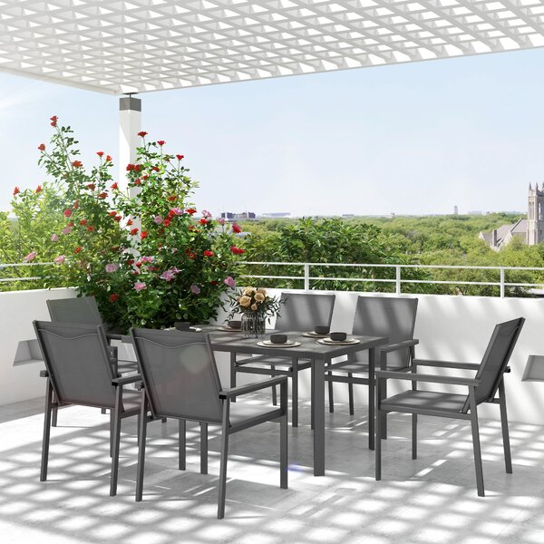 Outsunny 7 Pieces Garden Dining Set with Glass Top Dining Table, Outdoor Table & 6 Armchairs with Breathable Mesh Fabric Seats and Backrest, Grey Aosom UK