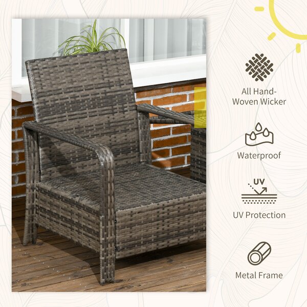 Outsunny 3 pcs PE Rattan Wicker Garden Furniture Patio Bistro Set Weave Conservatory Sofa Storage Table and Chairs Set Grey Cushion Aosom UK