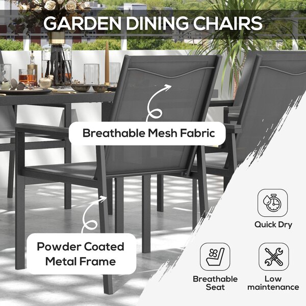 Outsunny 7 Pieces Garden Dining Set with Glass Top Dining Table, Outdoor Table & 6 Armchairs with Breathable Mesh Fabric Seats and Backrest, Grey Aosom UK