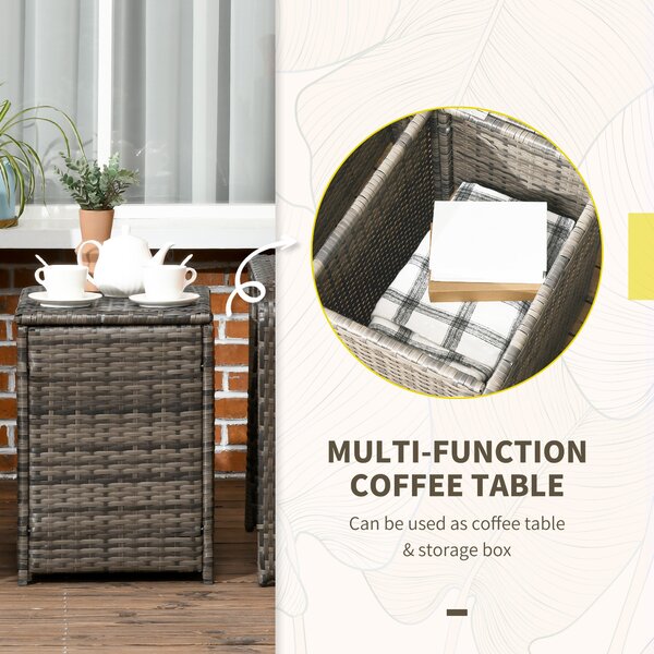 Outsunny 3 pcs PE Rattan Wicker Garden Furniture Patio Bistro Set Weave Conservatory Sofa Storage Table and Chairs Set Grey Cushion Aosom UK