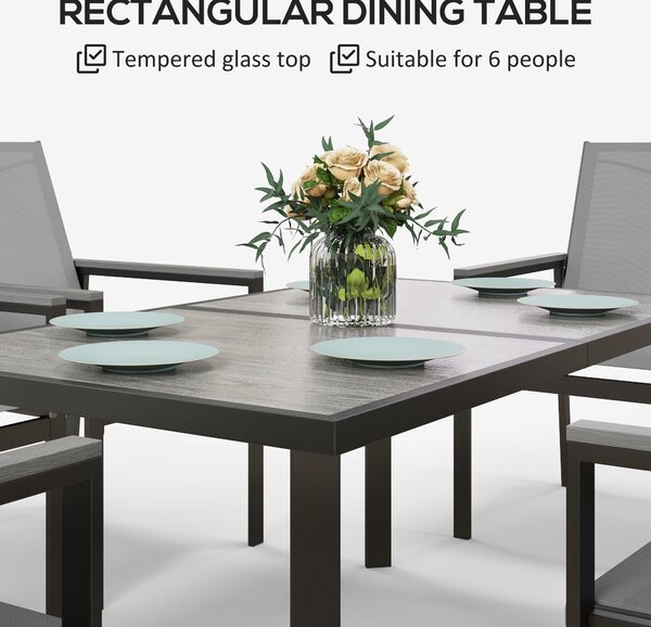 Outsunny 7 Pieces Garden Dining Set with Glass Top Dining Table, Outdoor Table & 6 Armchairs with Breathable Mesh Fabric Seats and Backrest, Grey Aosom UK