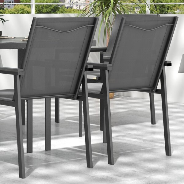 Outsunny 7 Pieces Garden Dining Set with Glass Top Dining Table, Outdoor Table & 6 Armchairs with Breathable Mesh Fabric Seats and Backrest, Grey Aosom UK