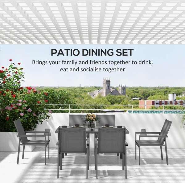 Outsunny 7 Pieces Garden Dining Set with Glass Top Dining Table, Outdoor Table & 6 Armchairs with Breathable Mesh Fabric Seats and Backrest, Grey Aosom UK