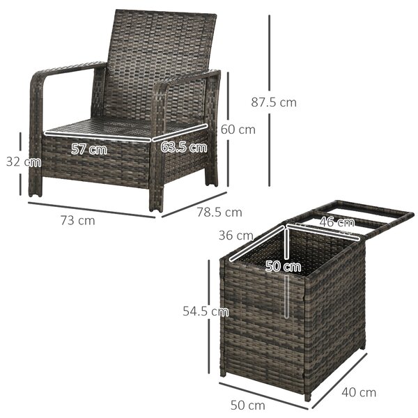 Outsunny 3 pcs PE Rattan Wicker Garden Furniture Patio Bistro Set Weave Conservatory Sofa Storage Table and Chairs Set Grey Cushion Aosom UK