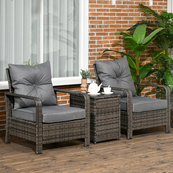 Outsunny 3 pcs PE Rattan Wicker Garden Furniture Patio Bistro Set Weave Conservatory Sofa Storage Table and Chairs Set Grey Cushion Aosom UK