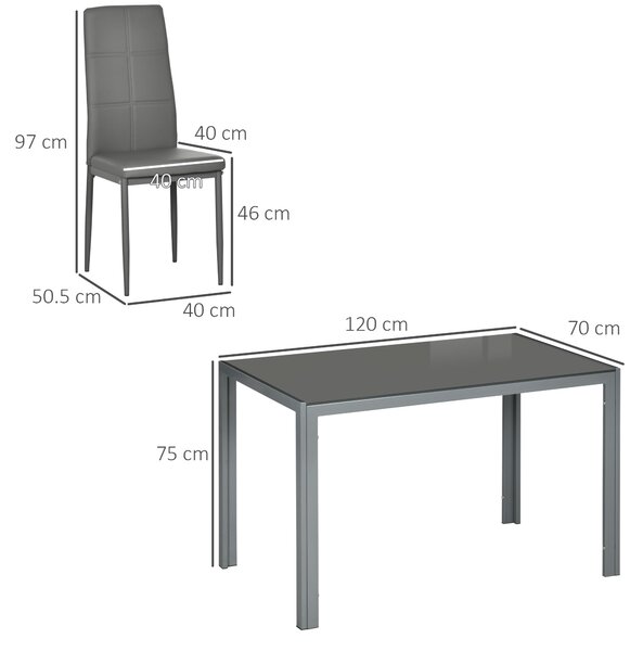 HOMCOM 5-Piece Kitchen Dining Table Set with 4 Faux Leather Metal Frame Chairs Glass Tabletop Desk for Dining Room, Kitchen, Dinette, Grey