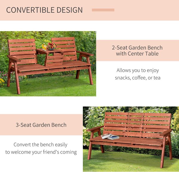 Outsunny Garden Wooden Convertible 2-3 Seater Bench or Companion Chair Loveseat Patio Partner Bench with Middle Table