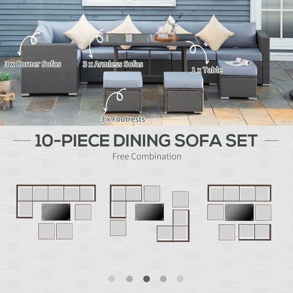 Outsunny 10PC Garden Rattan Corner Dining Sofa Set 9-seater Patio Tables Stools Outdoor Wicker Lounge Conservatory Furniture w/ Cushions & Pillow