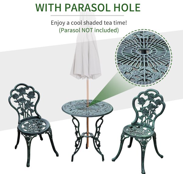 Outsunny Cast Aluminium Outdoor Patio Garden Bistro Elegant Design Table Chair Set - Green (3-Piece)