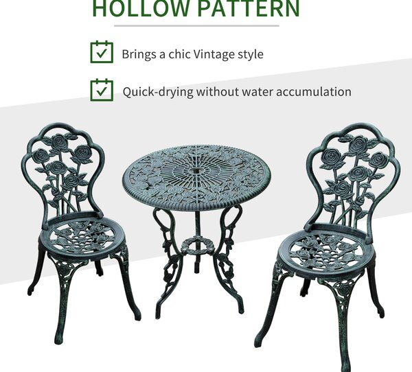 Outsunny Cast Aluminium Outdoor Patio Garden Bistro Elegant Design Table Chair Set - Green (3-Piece)