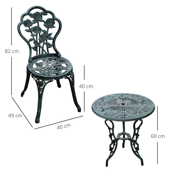 Outsunny Cast Aluminium Outdoor Patio Garden Bistro Elegant Design Table Chair Set - Green (3-Piece)