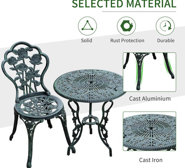 Outsunny Cast Aluminium Outdoor Patio Garden Bistro Elegant Design Table Chair Set - Green (3-Piece)
