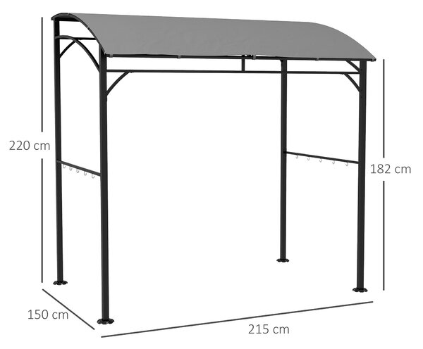 Outsunny 2.2 x 1.5 m BBQ Grill Gazebo Tent, Garden Grill with Metal Frame, Curved Canopy and 10 Hooks, Outdoor Sun Shade, Grey