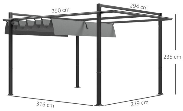 Outsunny 3 x 4m Retractable Pergola, Garden Gazebo Shelter with Aluminium Frame, for Grill, Patio, Deck, Dark Grey