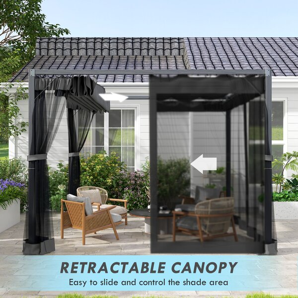 Outsunny 3x3m Retractable Garden Pergola Gazebo Shelter with Mesh Netting, Versatile Sun Shade Canopy for Patio & Deck, Dark Grey Aosom UK