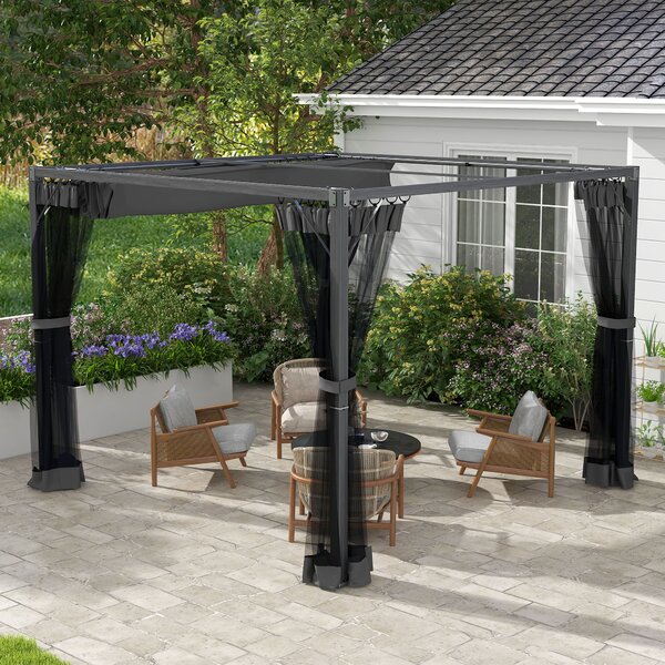 Outsunny 3x3m Retractable Garden Pergola Gazebo Shelter with Mesh Netting, Versatile Sun Shade Canopy for Patio & Deck, Dark Grey Aosom UK