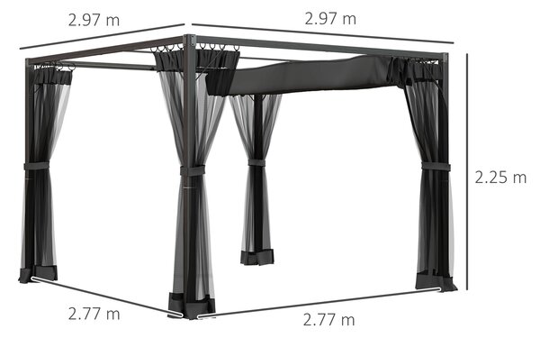 Outsunny 3x3m Retractable Garden Pergola Gazebo Shelter with Mesh Netting, Versatile Sun Shade Canopy for Patio & Deck, Dark Grey Aosom UK
