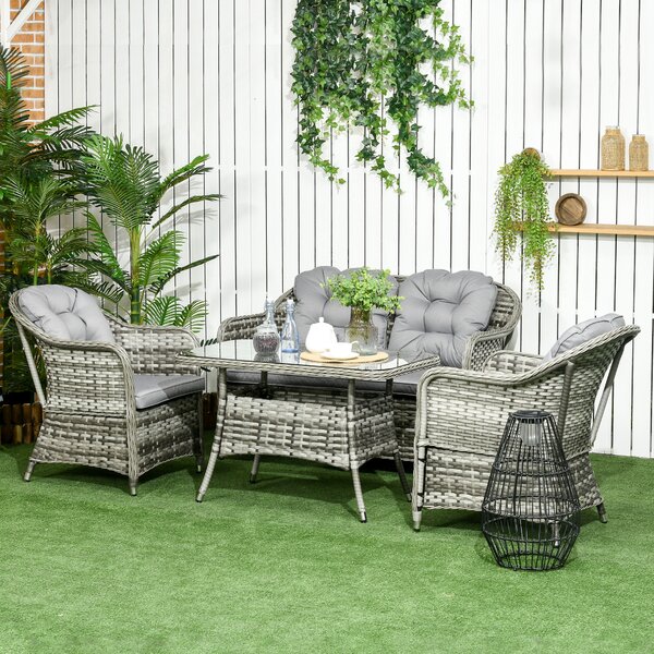 Outsunny 4pc All Weather Outdoor Sofa Set, PE Rattan Garden Furniture with Round Wicker Conversation Sofa, Padded Cushions Aosom UK