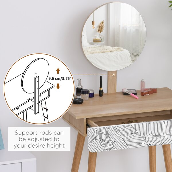HOMCOM Dressing Table with Drawer and Mirror height adjustable Wooden Oak Color Bedroom Dressing Room Elegant and Durable Aosom UK