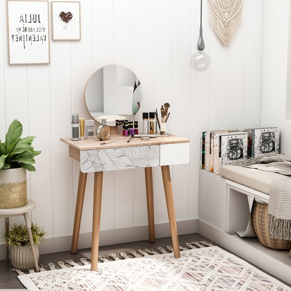 HOMCOM Dressing Table with Drawer and Mirror height adjustable Wooden Oak Color Bedroom Dressing Room Elegant and Durable Aosom UK