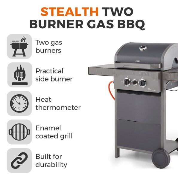 Tower Stealth 2000 Two Burner Gas BBQ, Black Steel