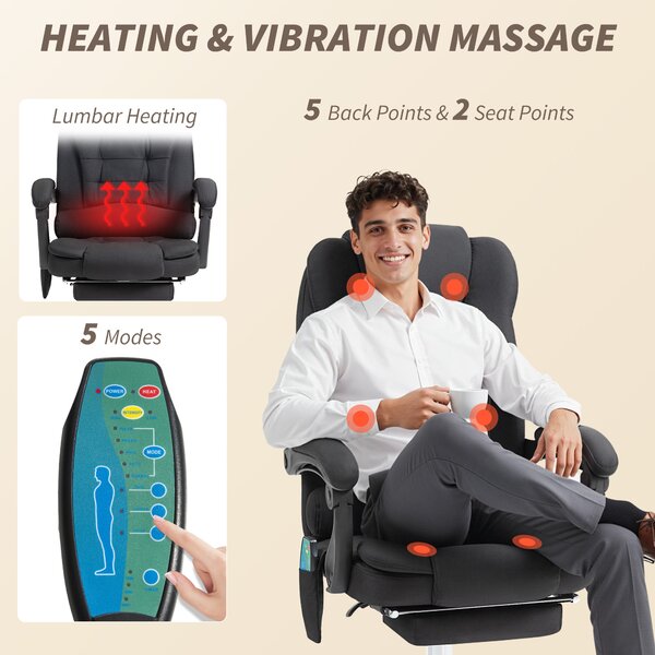 Vinsetto Executive Office Chair, 6-Zone Heated Massage, Ergonomic Recliner Desk Chair with Adjustable Footrest, Cat Scratch Anti, Black Aosom UK