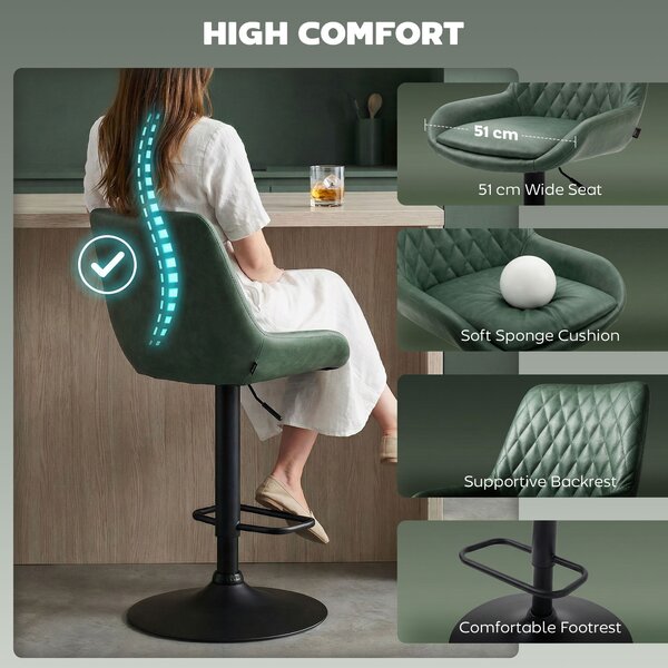 HOMCOM Retro Bar Stools Set of 2, Adjustable Kitchen Stool, Upholstered Bar Chairs with Back, Swivel Seat, Green Aosom UK