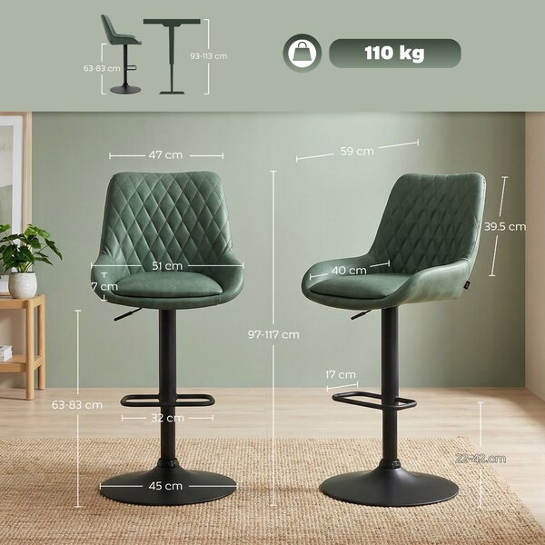 HOMCOM Retro Bar Stools Set of 2, Adjustable Kitchen Stool, Upholstered Bar Chairs with Back, Swivel Seat, Green Aosom UK