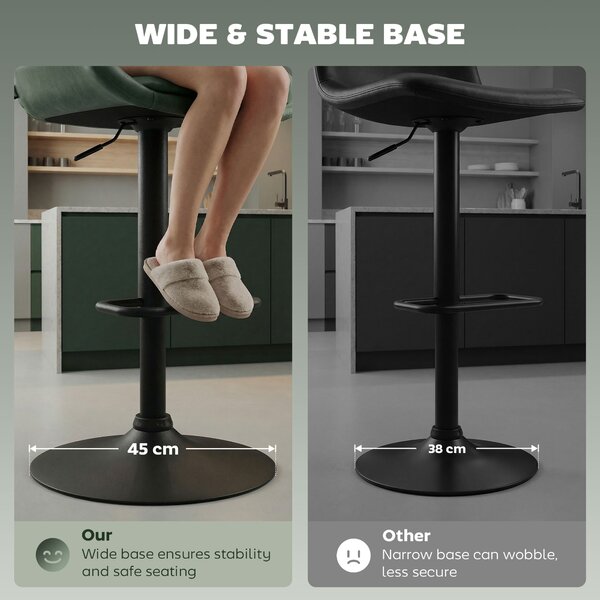 HOMCOM Retro Bar Stools Set of 2, Adjustable Kitchen Stool, Upholstered Bar Chairs with Back, Swivel Seat, Green Aosom UK