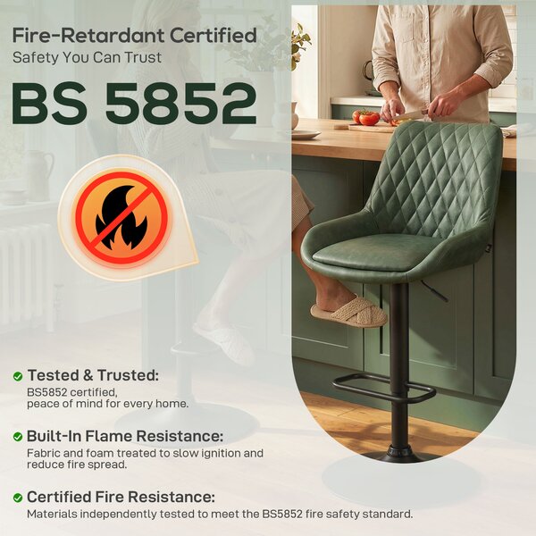 HOMCOM Retro Bar Stools Set of 2, Adjustable Kitchen Stool, Upholstered Bar Chairs with Back, Swivel Seat, Green Aosom UK
